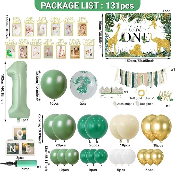 Wild One Jungle Theme Birthday Decorations Kit for Boys, Palm Leaf Balloon Garland, Boxes, Party Supplies