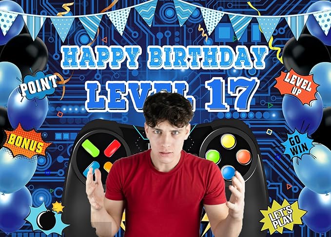 Game Theme Level 17 Birthday Backdrop Video Game Happy 17th Birthday Party Decorations Level Up Theme Boys Kids Birthday Party Supplies(7×5FT)