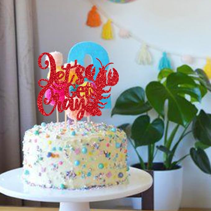 1 Pack Crawfish Happy Birthday Cake Topper Glitter Lobster Let's Get Cray Seaweed Theme Birthday Cake Pick for Baby Shower Ocean Party Cupcake Decoration Supplies