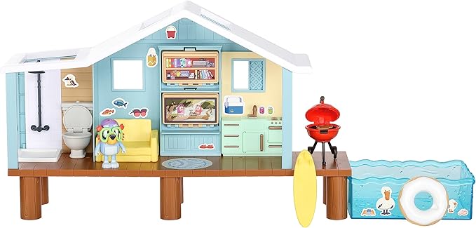 Bluey Beach Cabin Playset, 10”, Customizable Toddler House Playset with 10 Play Pieces and 2.5” Goggles Figure, Toy Houses for Kids Ages 3+