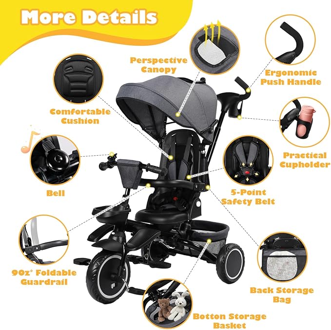 Folding Kids Tricycle, 8 in 1 Toddler Trike W/Removable & Adjustable Canopy, Parent Handle, 5-Piont Harness, Toddler Bike Tricycle for Kids 1-6 Years, EVA Wheels, Storage Basket, Grey