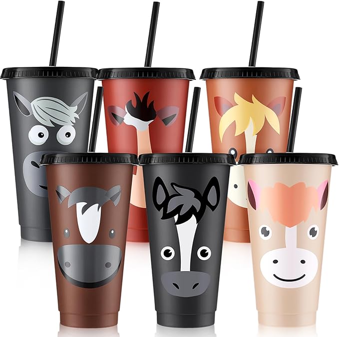 Mifoci 6 Horse Party Favors Horse Cups with Lid Straw 24 oz Plastic Drink Cups Bulk Reusable Tumblers for Birthday Party Themed Gifts