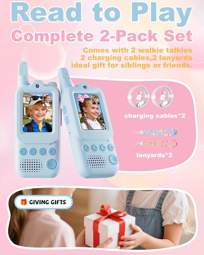 Video Walkie Talkies for Kids 2 Pack Rechargeable Video Intercom, Long Range Radios, Outdoor Adventure Toys, Birthday Gifts for Boys Girls Ages 3-12 (Blue&Blue)