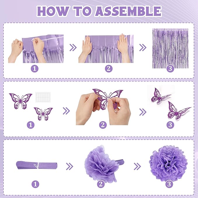 Purple Birthday Decorations for Women Girls, Lavender Pink Confetti Metallic Printed Balloons Butterfly Stickers Fringe Curtain Happy Birthday Banner Circle Dots Garland Paper Pompoms Party Supplies