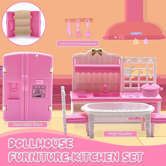 36Pcs Dollhouse Furniture Sets,Miniature 1:12 Scale Doll House Accessories and Furniture with Cat,Dog,Kitchen, Dining Room, Living Room,Bedroom for Playhouse Toy(Pink)