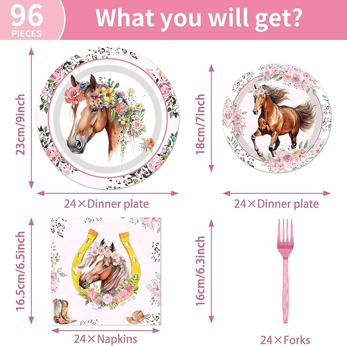 Horse Birthday Party Supplies Tableware - 96 Pcs Cowgirl Birthday Party Decorations, Horse Themed Party Paper Plates and Napkins Sets with Forks, Western Baby Shower Disposable Dinnerware, Serves 24