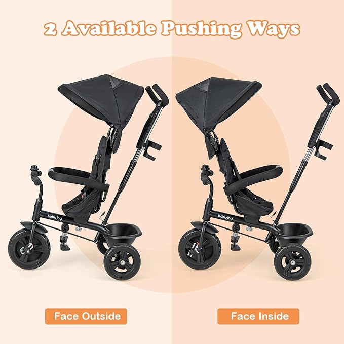 BABY JOY Tricycle, 4 in 1 Toddler Bike w/Removable Canopy, Adjustable Push Handle, Reversible Seat, Safety Belt, Folding Footrest & Storage Basket, Toddler Tricycle for Boys Girls 9-60 Months (Black)