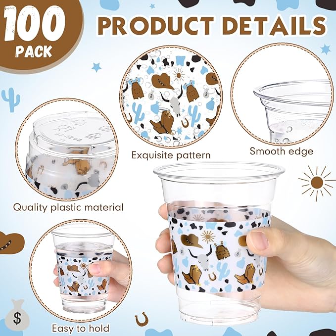 100 Pcs Western Plastic Cups 12 oz Clear Disposable Plastic Cowboy Cowgirl Drinking Cups Bulk for Boho Preppy Baby Shower Birthday Wild West Party Decoration Supplies(Cowboy,Brown and Blue)