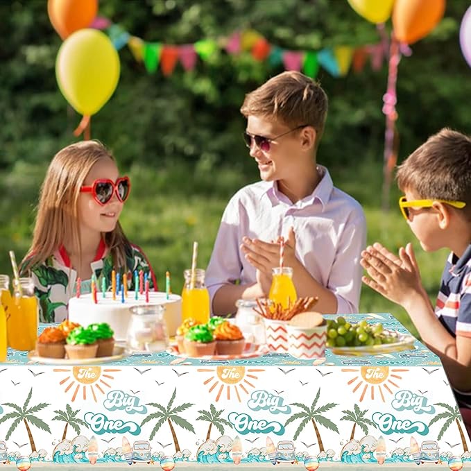 Letromp Surf The Big One Tablecloth Surfing 1st Birthday Table Covers for Hawaiian Palm Tree Retro Summer Beach Wave Theme Boy Surfing First Birthday Baby Shower Party Decorations Supplies