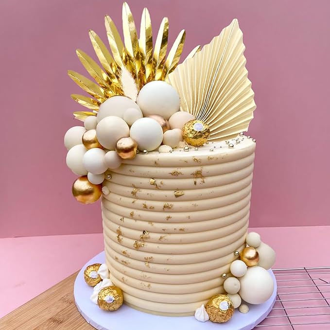 38 PCS Balls Cake Toppers Palm Leaves Cake Decorations for Birthday Wedding Baby Shower Party Supplies (White)