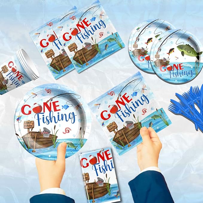 142 Pcs Gone Fishing Tableware,Fishing Birthday Party Decoration Little Fisherman Gone Fishing Themed Disposable Tablecloth,Plates,Napkins Cups Forks and Knives Supplies of Fishing Birthday Party