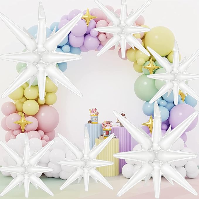 6 Pcs White Star Foil Balloons One-Piece 14-Pointed Star Balloon 4D Starburst Cone Mylar Balloon 22inch Christmas Birthday Wedding Wedding Anniversary Party Supplies (22&27 Inches White)