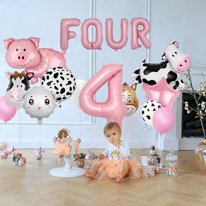 20 PCS Farm Animal Theme Party Balloons, Farm Cow Print Sheep Pig Donkey Mylar Foil Balloons Baby Shower Boy Girl 4th Birthday Party Decor Supplies (4th)
