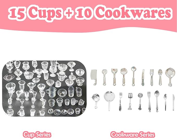 250Pcs Mini Food Miniatures Food Drinks Bottles Toys Doll House Accessories 1:12 Playset Kitchen Game Pretend Play Party Mini Things Stuff Tiny Baking Micro Hamburger Ice Cream Cake Bread