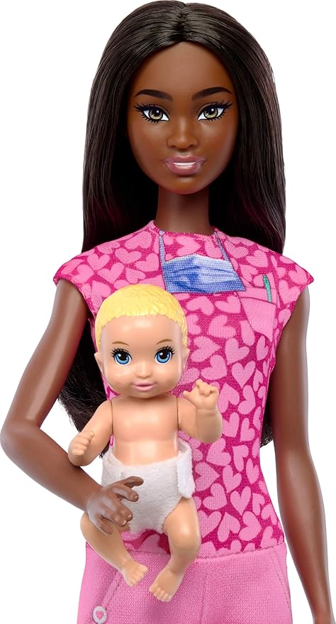 Barbie Baby Doctor Playset with Brunette Fashion Doll Wearing Pink Scrubs, Baby Doll, Furniture & Accessories