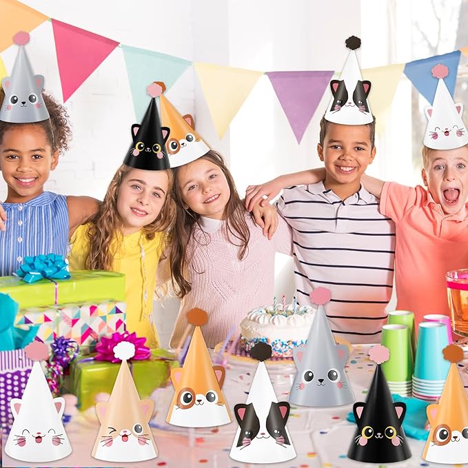 24 PCS Cat Birthday Party Decoration for Kids Cute Kitten Themed Party Cone Hats Cat Theme Cone Hats Kids Birthday Headwear for Boys and Girls Cosplay Dress Up Kitten Themed Supplies，6 Designs