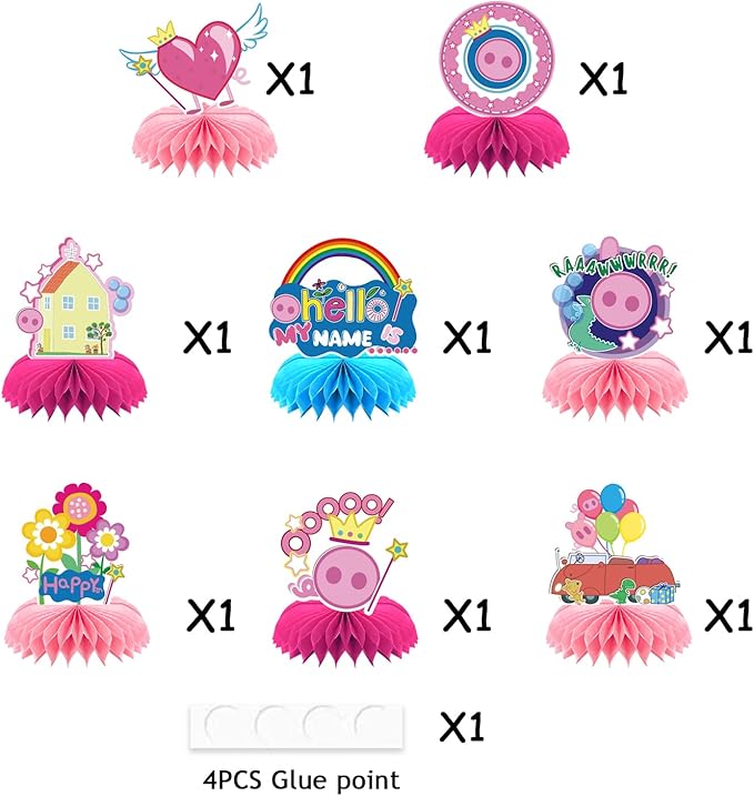 8Pcs Pink Pig Party supplies set Honeycomb Centerpieces Double Sided Table Topper for Birthday Decorations