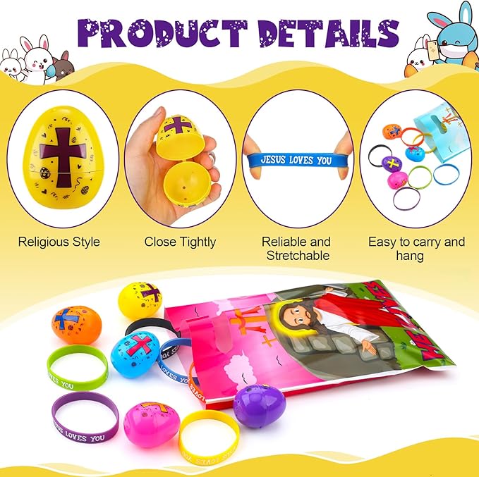 108 Pcs Easter Religious Party Favor Easter Eggs Fillers Christian Goody Bags Jesus Loves You Wristbands Party Supplies for Gift Church (Jesus)