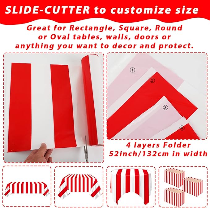 100Ft Long Tablecloth Roll Red and White Striped Tablecloth Carnival Circus Tent Party Supplies Halloween Christmas Plastic Picnic Table Cover for Birthday Party Circus Backdrop Banner Decoration