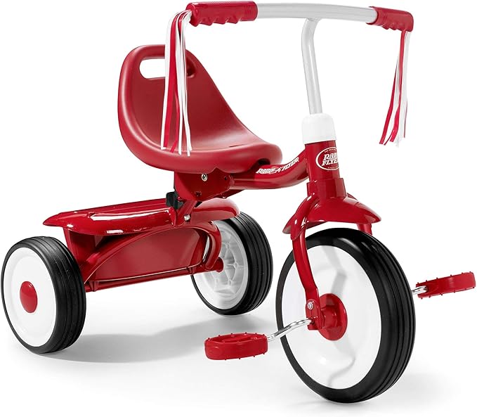 Radio Flyer Toddler Kids Tricycle, Folding Trike with Storage Bin, Fold 2 Go, Red