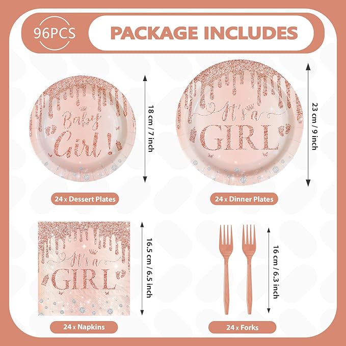 96Pcs It's a Girl Baby Shower Party Supplies Diamond Rose Gold Plates and Napkins Pink Gold Theme Disposable Paper Tableware Set for Girl Gender Reveal Baby Shower Party Decoration Serves 24
