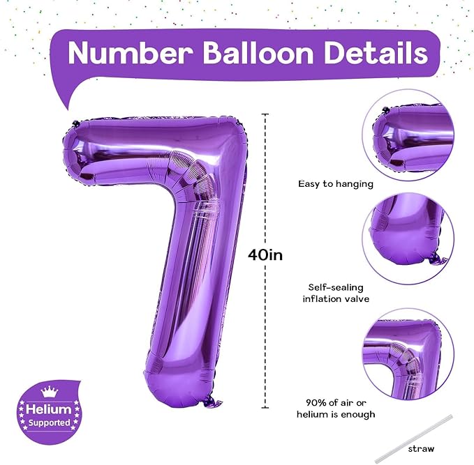 7th Birthday Number Balloon for Girls, 40 Inch Giant Mylar Purple 7 Balloon, Helium Self Inflating 7 Number Foil Balloon for Kids Birthday Party Decor Anniversary Graduation Party Decorations Supplies