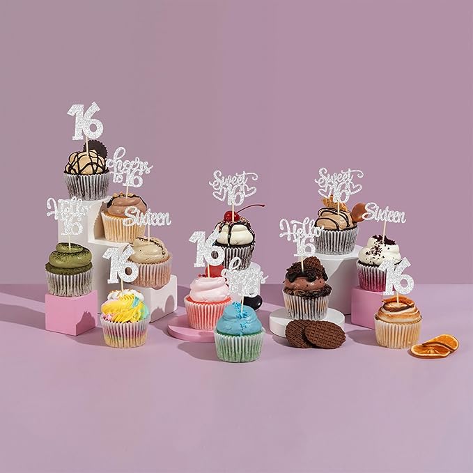 30Pcs 16th Birthday Cupcake Toppers Sixteen Happy 16 Cupcake Picks Cheers to 16 Sweet 16 Cake Decorations for 16th Birthday Anniversary Party Supplies Silver Glitter