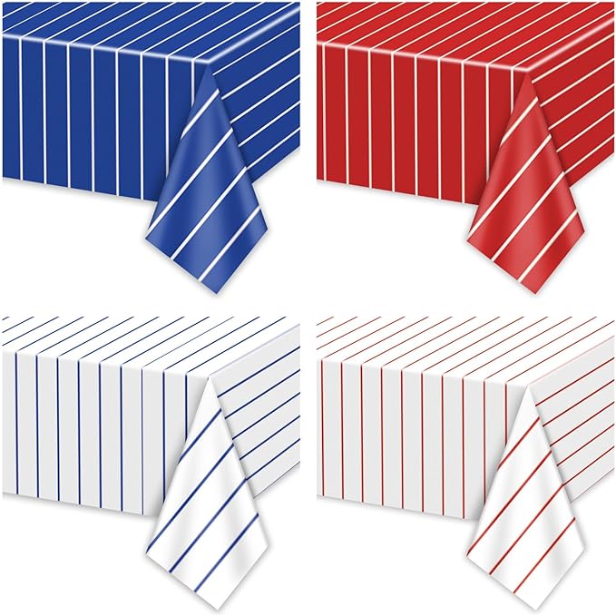 Baseball Tablecloths, 4 Pcs Disposable Plastic Red and Blue Stripe Table Covers for Baseball Birthday Decorations Sports Game Party Supplies, 51 x 86 inches