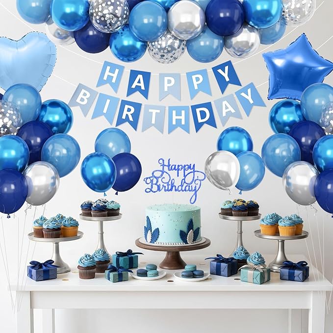 Blue Silver Birthday Decorations for Boys Men,Dark Navy Metallic Confetti Latex Party Balloon Star Heart Foil Balloon Cake Topper Blue Party Supplies Decor