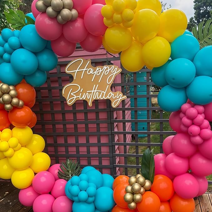 Tropical Balloons, 12 Inch Teal Metallic Gold Orange Pink Hot Fruit Green Balloons with Palm Leaves for Aloha Luau Pool Party Hawaiian Baby Shower Summer Birthday Party Decorations