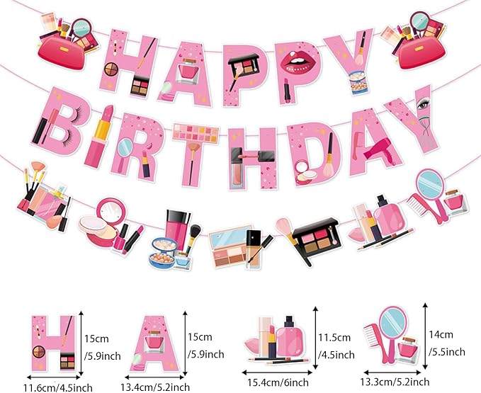 Zwiebeco Makeup Happy Birthday Banner Sign Spa Party Hanging Paper Decorations for Girls Women Glamour Cosmetics Theme Accessories Supplies