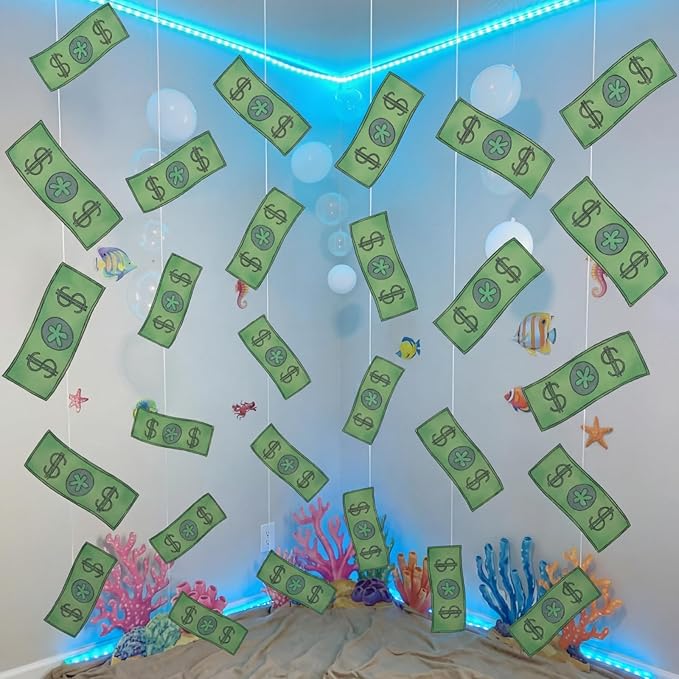 Preboun 24 Pcs Sponge Cartoon Themed Party Decorations 3.94 Inches Green Dollar Bills Hanging Swirls Cartoon Ocean Theme Hanging Decor Under the Sea Decoration for Baby Shower Birthday Supplies