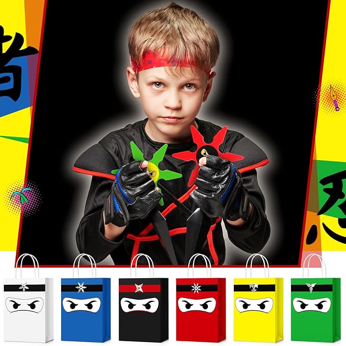 24 Guests 192 Pcs Ninja Party Favors Include Ninja Paper Bags Bouncy Balls Throwing Favors Flying Slingshot Headbands Silicone Bracelets Keychains Stickers for Birthday Party Supplies