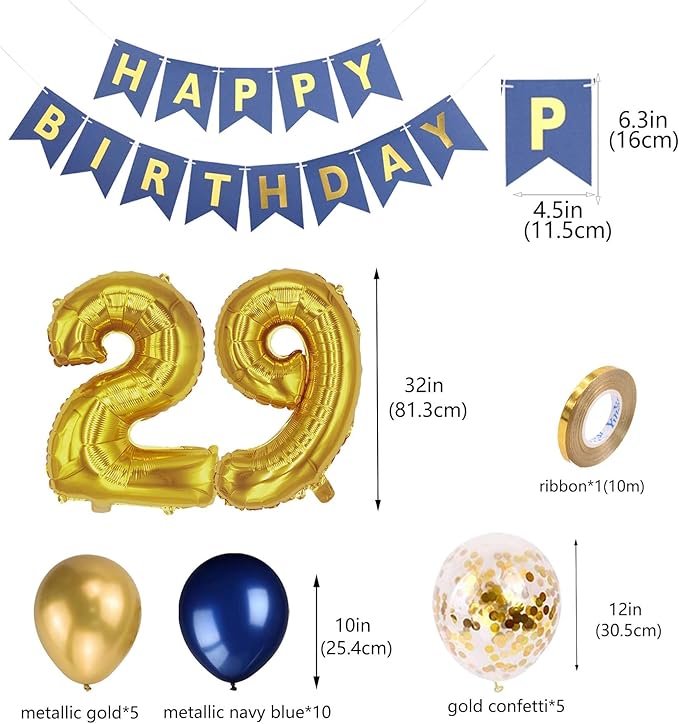 29th Birthday Decorations for Men, Navy Blue 29th Birthday Banner Gold Number 29 Foil Balloons Metallic Confetti Balloons 29th Birthday Party Supplies for 29 Years Old Him(29th)
