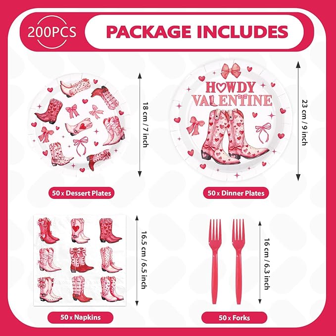 200Pcs Valentine's Day Party Decorations Boots and Bows Plates and Napkins Pink Western Cowgirl Tableware Sets for Valentines Birthday Bachelorette Party Supplies Serves 50