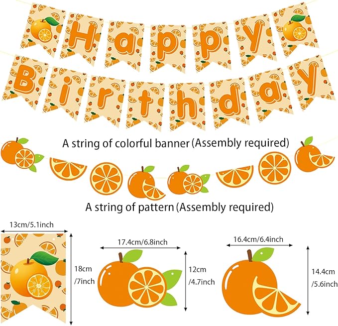 Zwiebeco Orange Happy Birthday Party Decorations Sign Banner Bunting Garland Hanging Paper Kit for Girl Women Kid Adult Summer Fruit Themed Accessories Supplies