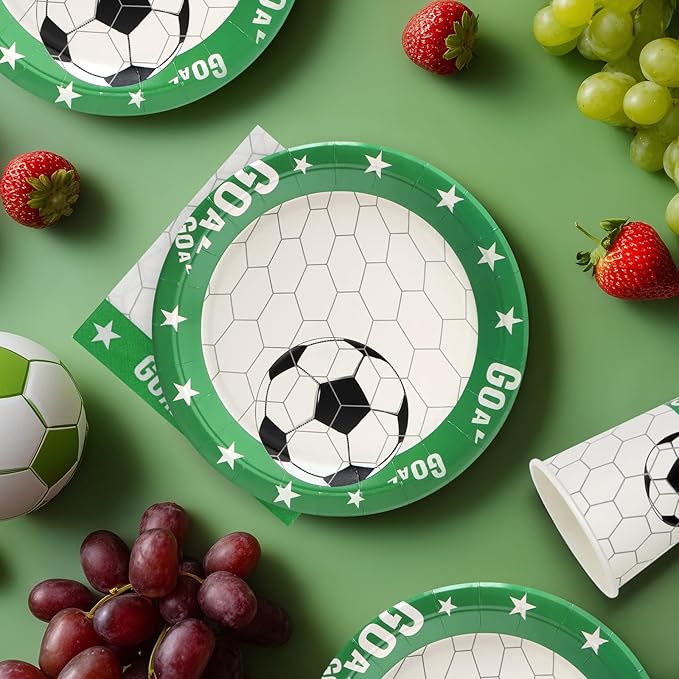 96pcs Soccer Plates - Green and White Soccer Party Theme Paper Plates and Napkins Cups for 24 Guests Disposable Kid's Birthday Soccer Party Supplies Decorations