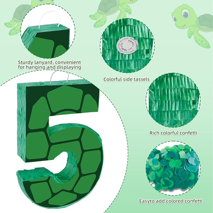 16 Inch Turtle Number 5 Pinata, Turtle Birthday Decorations, Turtle Theme Pinata with 16 Inch Stick Blindfold Confetti for Boy Girl Kids 5th Birthday Party Supplies(5th)