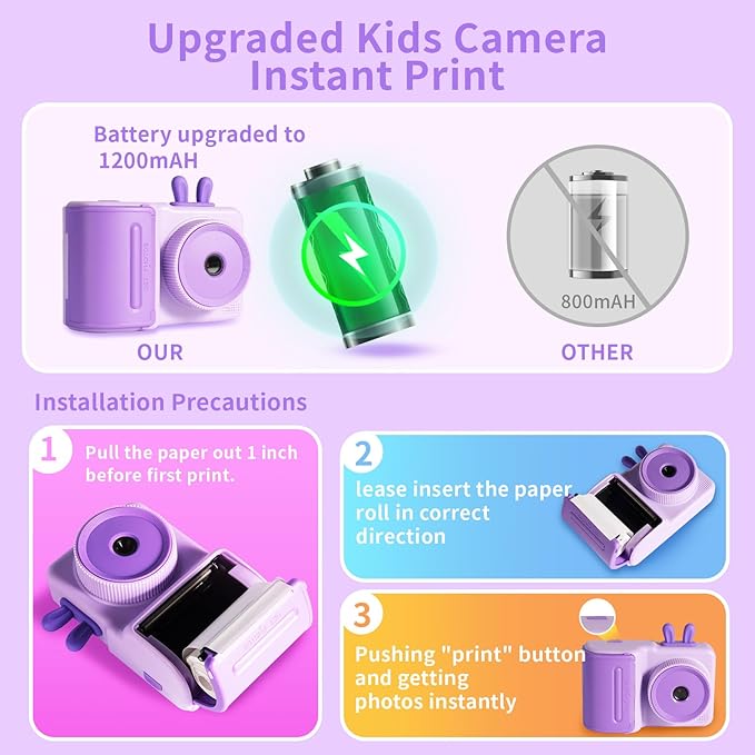 Kids Camera Instant Print Camera for Kids 1080P Toddler Camera That Print Photos Children Instant Cameras Toy for Girls Boys Age 3-12 Travel Kid Digital Camera Christmas Birthday Gifts (Purple)