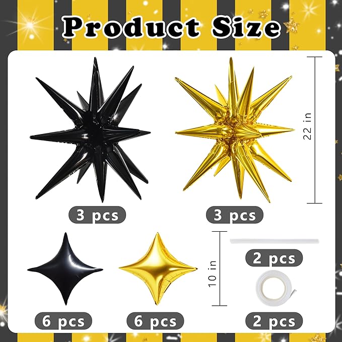TONIFUL 22Inch 18Pcs Black Gold Large Explosion Star Mylar Balloons and 10Inch Four Pointed Star Balloons Set for Christmas New Year Birthday Wedding Baby Shower Anniversary Photo Booth Supplies