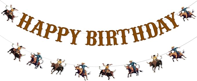 JOYMEMO Bull Riding Birthday Banners, Bull Riding Birthday Decorations for Boys, Man, Cowboy Theme Party Supplies, Pre-strung, Cardstock
