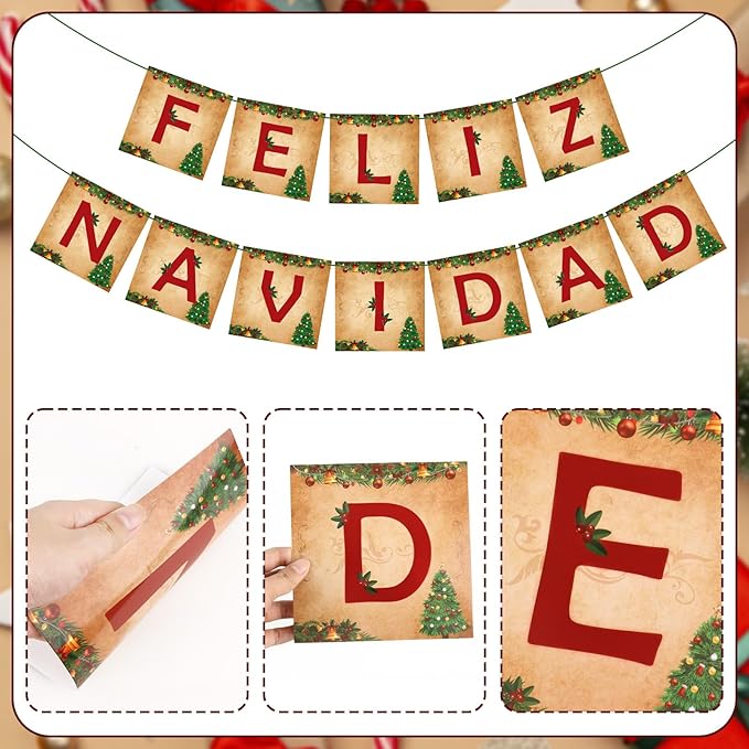 Feliz Navidad Banner Merry Christmas Banner Vintage New Year Garlands Sign for Feliz Navidad Christmas Decorations Mexican Spanish Holiday Decor Home Office Party Fireplace Mantle Decor