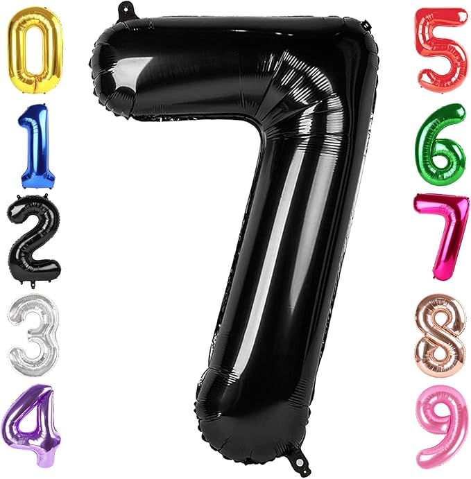 40 Inch Black Number 7 Balloon, Giant 7 Number Balloons for 7th Birthday Decorations, Party Supplies for Baby Boy Girl, Black Party Decor