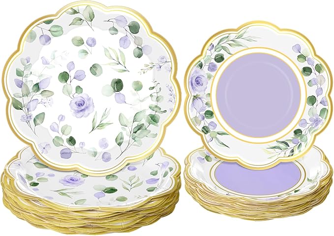 60 Pcs Eucalyptus Paper Plates 9 in and 7 in Purple Dessert Party Plates with Gold Rim Disposable Floral Shape Tableware for Wedding Birthday Party Baby Shower Bridal Shower