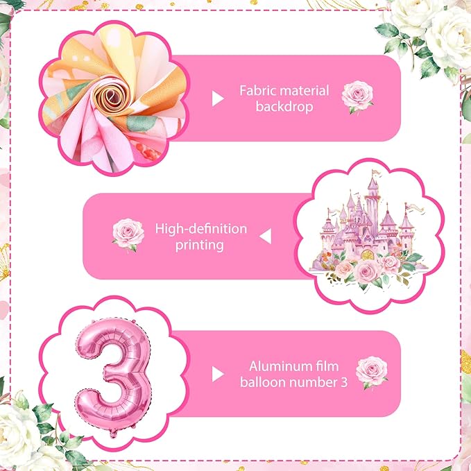 Princess 3rd Birthday Party Decorations, Her Royal Threeness Birthday Banner Pink Princess Backdrop Banner Hanging Swirls Balloons Cake Topper for 3 Years Old Girl Bday Party Supplies