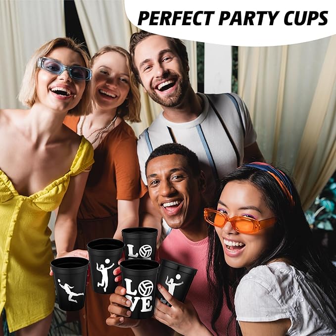 Zhehao 30 Pcs Sport Ball Plastic Cups Hockey Football Basketball Plastic Reusable Drink Cups Bulk 16 oz Stadium Tumbler Stackable Sports Tumbler for Sport Party Supplies(Volleyball,Black)