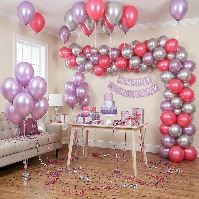 RUBFAC Metallic Pink Balloons 129pcs Different Sizes Pack of 18 12 10 5 Inch, Latex Chrome Metal Pink Balloon Garland Arch Kit for Wedding Princess Birthday Party Baby Shower Engagement Bachelorette