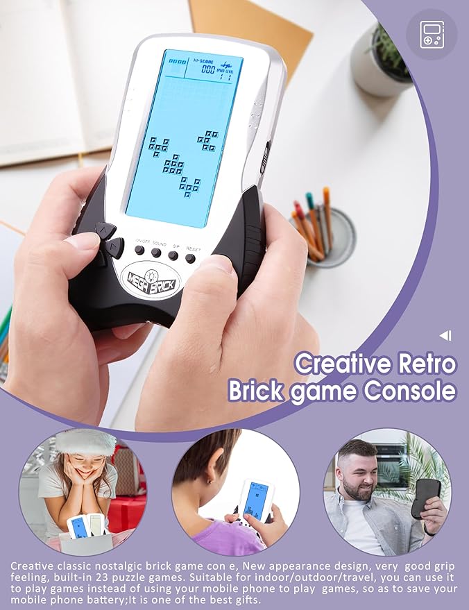 New Retro Block Brick Game Console Large Screen Blue Backlight Brightness can be Adjusted Build in 23 Game Compatible with Lithium Battery/AAA Batteries can Plug in Headphone (Black)