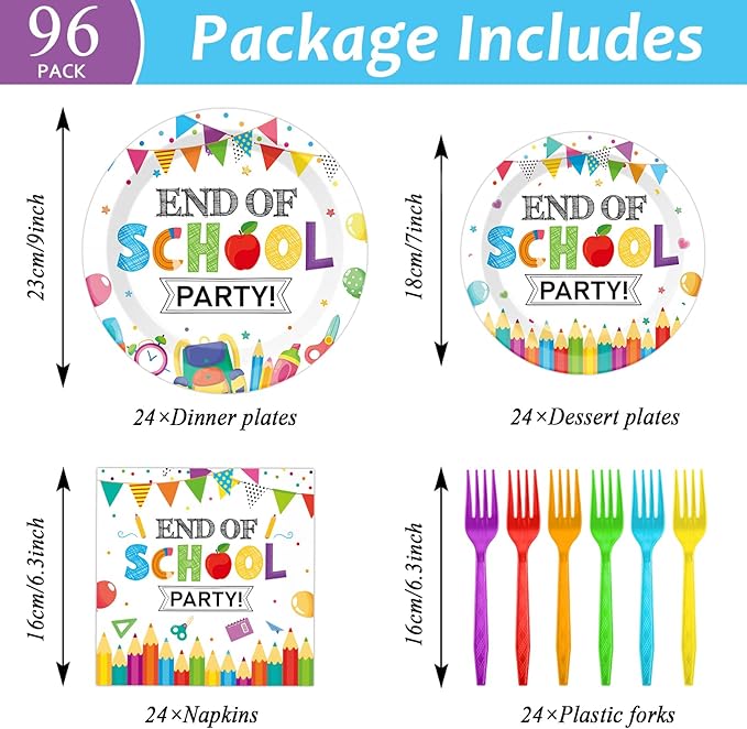 CHUNNIN 96Pcs End of School Party Paper Plates and Napkins Graduation Decorations End of School Graduate Disposable Dinnerware Tableware Set for 24 Guests Classroom Teacher Graduation Party Supplies