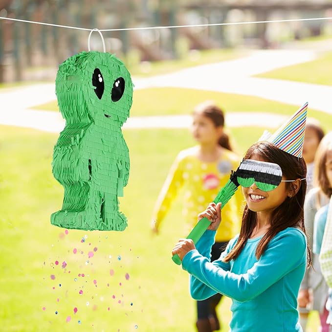 Alien Pinata with Stick and Blindfold Green Space Alien Birthday Party Decorations for Kids Boys Outer Space Theme Party Supplies
